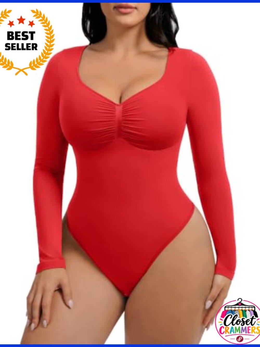 Long Sleeve Shapewear Bodysuit Tummy Control V Neck Thong